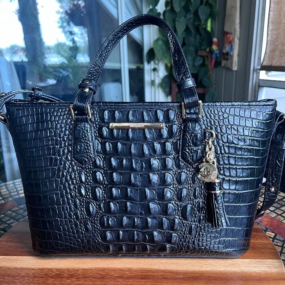 Brahmin Mini Asher Black Croc Embossed Leather Gold Hardware Satchel EUC